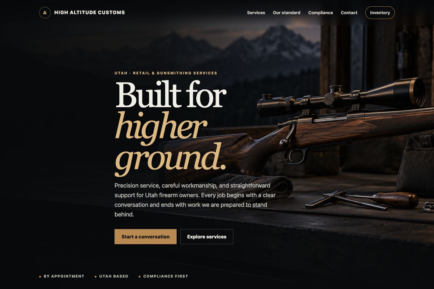 High Altitude Customs website showing its Built for higher ground homepage